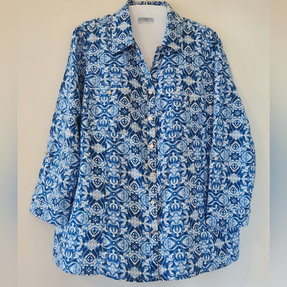 Womens Linen&Rayon  Blue and White 3/4 Sleeve Shirt
